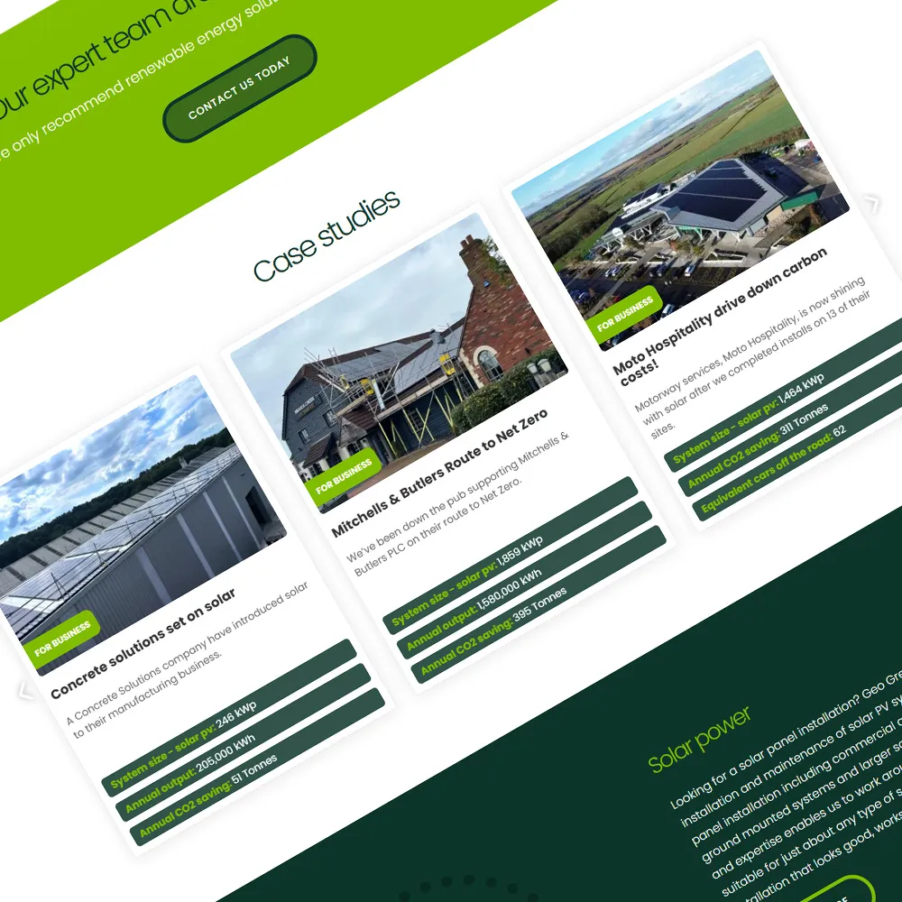 Website layout showcasing three case studies related to solar energy installations.