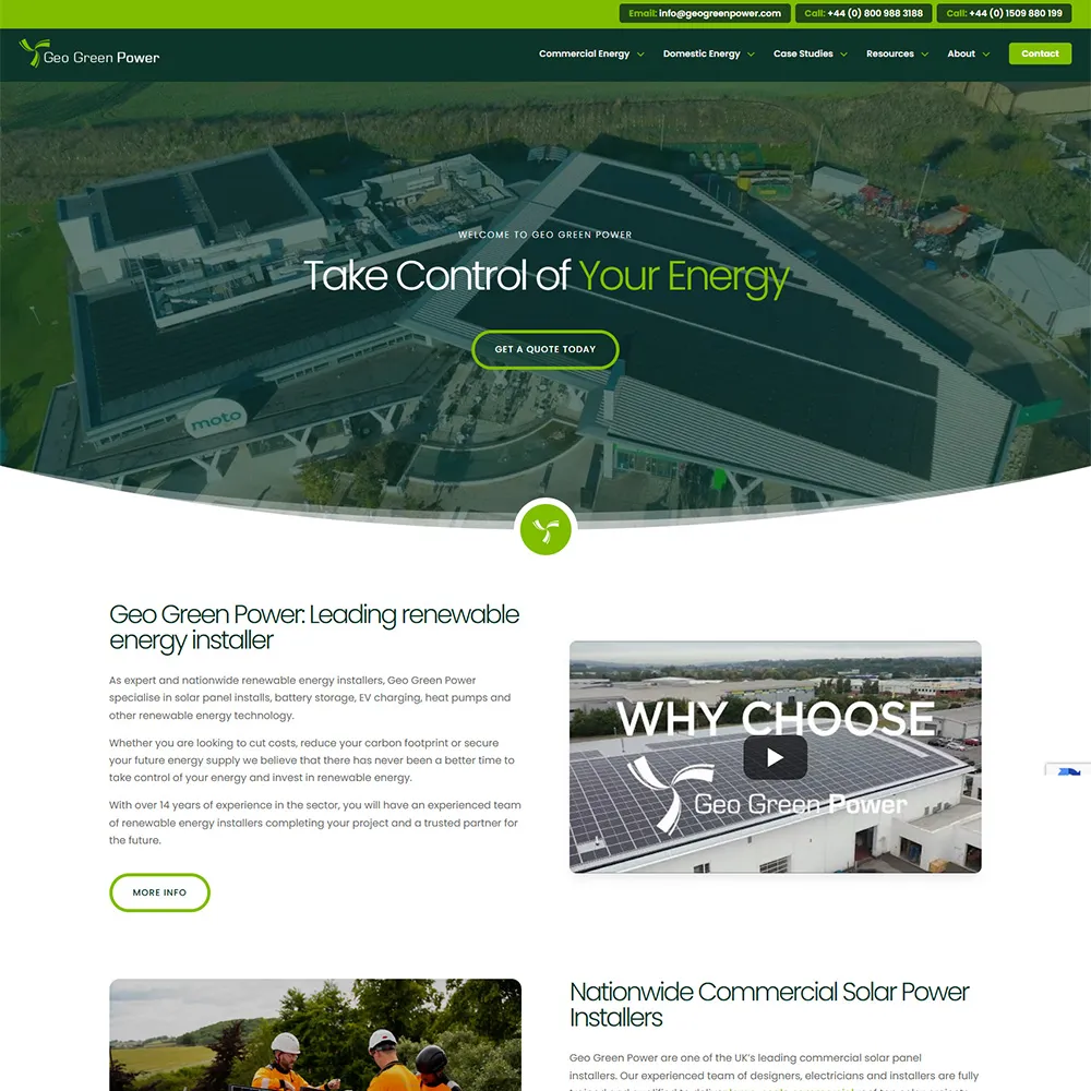 Website homepage for Geo Green Power, featuring a building with solar panels, call to action for energy control, and company information.