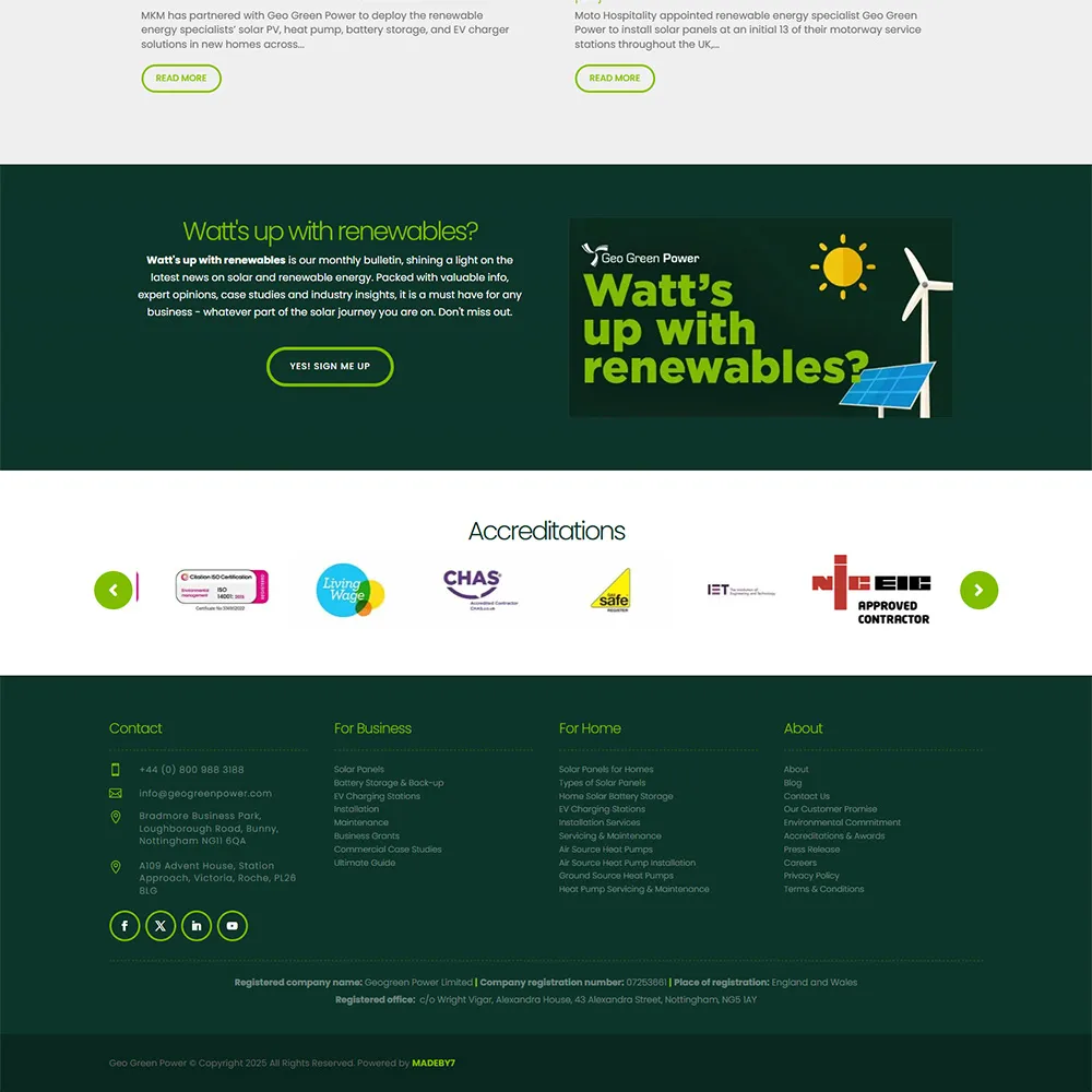 A website promoting renewable energy, featuring information about solar panels, battery storage, and EV chargers, with accreditation logos and company contact details.